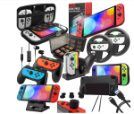 Orzly Accessory Bundle Kit designed for Nintendo switch Accessories Geeks and Oled console users Case and Screen protector, Joycon grips and Wheels for enhanced games play and more - Jet black