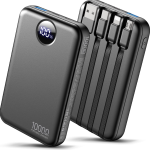 Portable Charger 10000mAh Power Bank,40% Smaller with 4 Built-in Cables,LED Display Compact and Battery Pack with Multiple USB Ports,Travel Charger for iPhone,Android and Other Devices