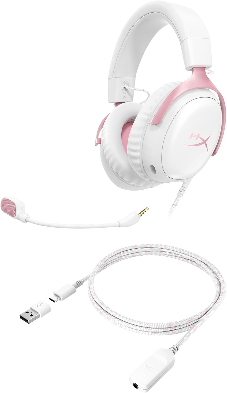 HyperX Cloud III – Wired Gaming Headset, PC, PS5, Xbox Series X|S, Angled 53mm Drivers, Memory Foam, Durable Frame, Ultra-Clear 10mm Mic, USB-C, USB-A, 3.5mm – Pink - Image 4