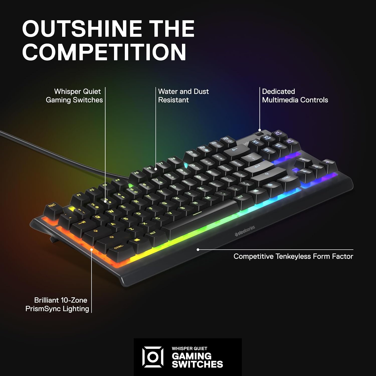 SteelSeries Apex 3 TKL RGB Gaming Keyboard – Tenkeyless Compact Form Factor - 8-Zone RGB Illumination – IP32 Water & Dust Resistant – Whisper Quiet Gaming Switch – Gaming Grade Anti-Ghosting,Black - Image 3