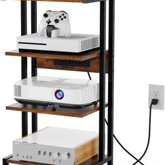 X-cosrack 16.5" Game Console Shelf, Small 4-Tier Video Gaming Consoles Stand with Outlet, Narrow Stereo Cabinet AV Media Stand, Corner Audio Rack for PS5,Xbox,Game Console,TV Box,WiFi Router