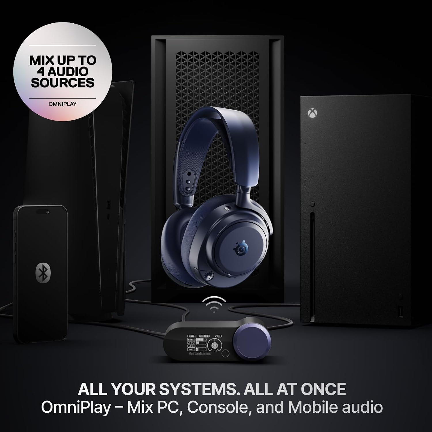 SteelSeries Arctis Nova Pro Omni - Hi-Res Wireless Gaming Headset, 96kHz/24bit, ANC, ClearCast Pro Mic, AI Noise Rejection, Mobile App, Mix 2.4GHz + BT, OmniPlay PC+PlayStation+Xbox - Midnight Blue - Image 3
