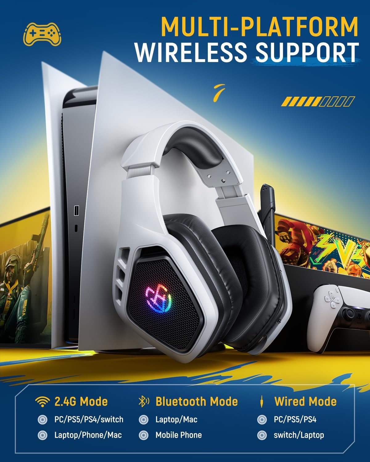 Tatybo Wireless Gaming Headset with Mic, 7.1 Sound 50mm Driver, White Black - Image 6