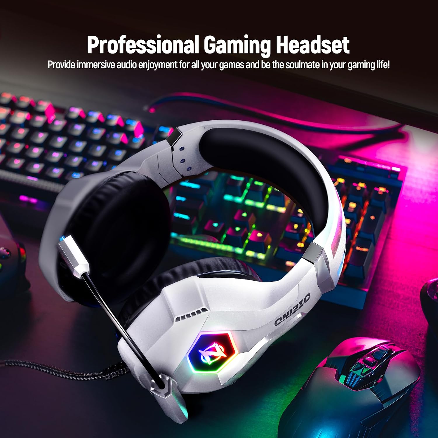 Ozeino Gaming Headset for PC, Ps4, Ps5, Xbox Headset with 7.1 Surround Sound Gaming Headphones with Noise Canceling Mic, LED Light Over Ear Headphones for Switch, Xbox Series X/S, Laptop, Mobile White - Image 6