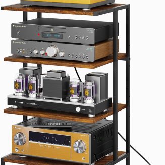 X-cosrack AV Media Stand with Power Strips,4-Tier Stereo Cabinet Audio Rack,Game Console Shelf with Adjustable Shelves,Small Entertainment Center with Larger Tabletop for PS5 Xbox TV Box DVD Players