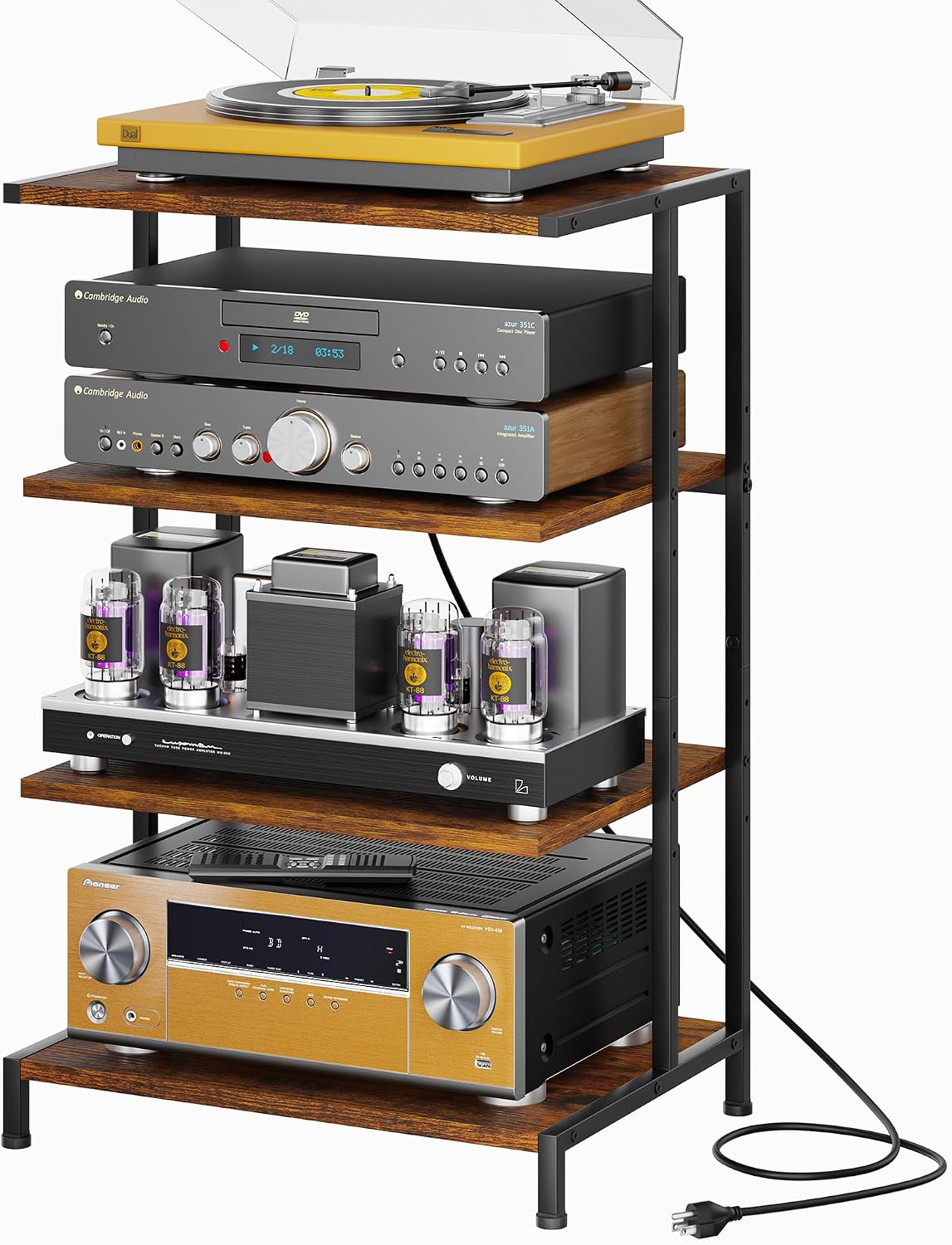 X-cosrack AV Media Stand with Power Strips,4-Tier Stereo Cabinet Audio Rack,Game Console Shelf with Adjustable Shelves,Small Entertainment Center with Larger Tabletop for PS5 Xbox TV Box DVD Players