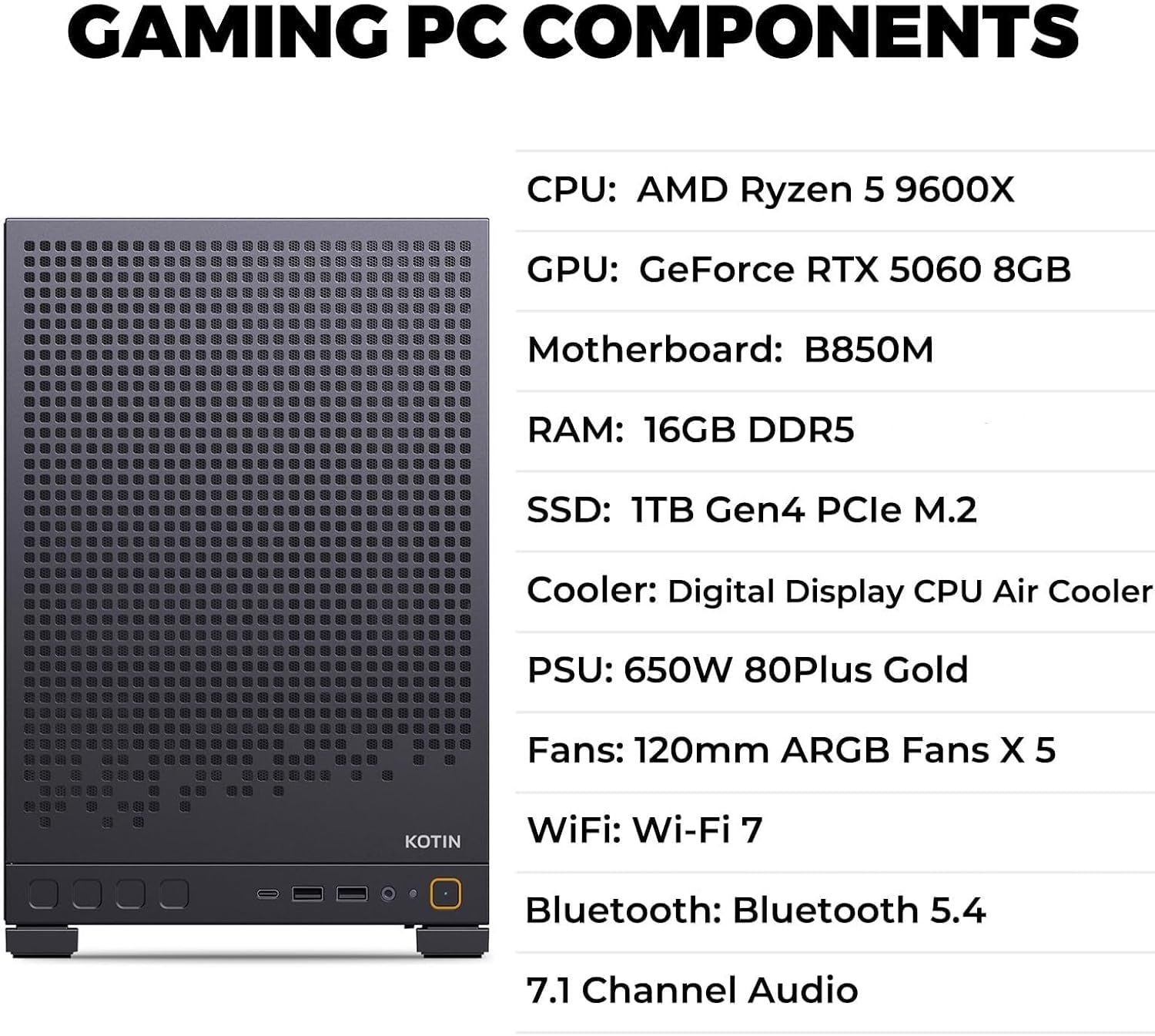 KOTIN Prebuilt Gaming PC, Ryzen 5 9600X, 16GB DDR5, RTX 5060 8GB, 1TB SSD - Image 8