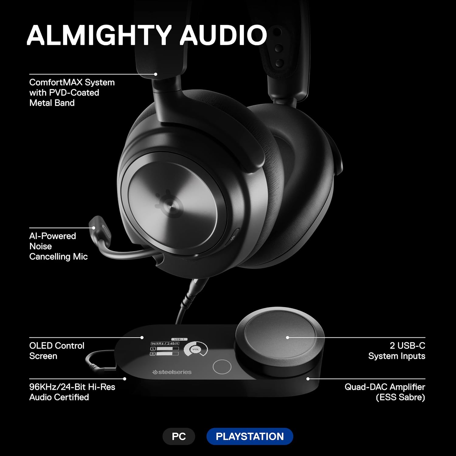 SteelSeries Arctis Nova Pro Multi-System Gaming Headset - Premium Hi-Fi Drivers, Hi-Res Audio - 360° Spatial Audio - GameDAC Gen 2 - ESS Sabre Quad-DAC - Stealth Retractable Mic - PC, PS5, PS4, Switch - Image 11