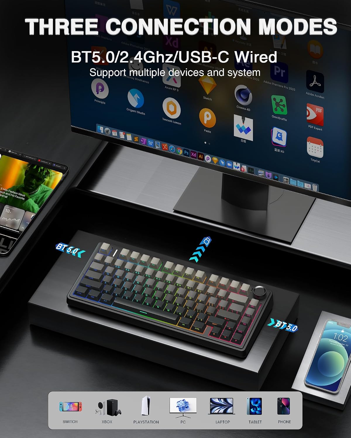 AULA F75 Pro Wireless Mechanical Keyboard,75% Hot Swappable Custom Keyboard with Knob,RGB Backlit,Pre-lubed Reaper Switches,Side Printed PBT Keycaps,2.4GHz/USB-C/BT5.0 Mechanical Gaming Keyboards - Image 3