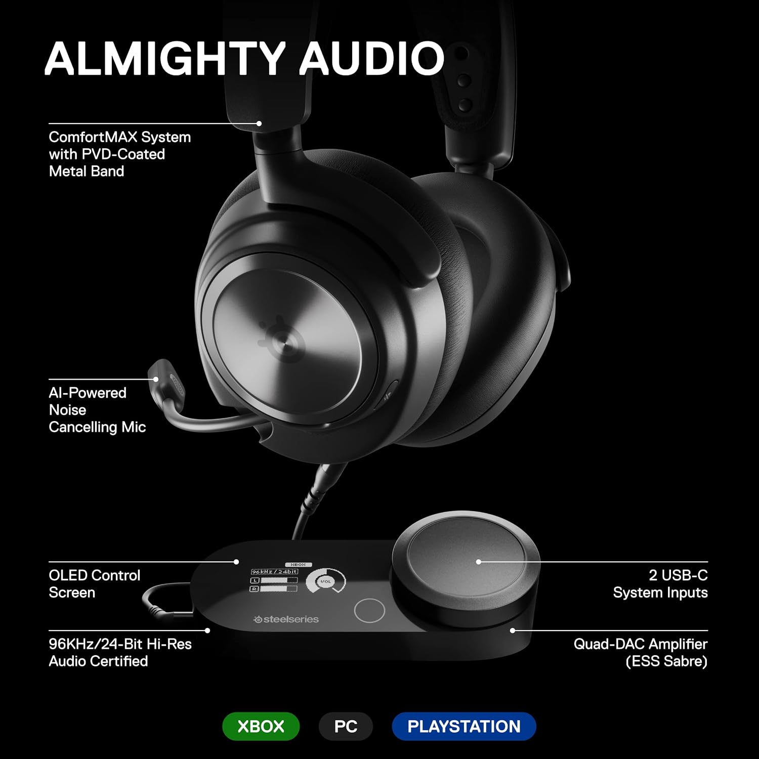 SteelSeries Arctis Nova Pro Multi-System Gaming Headset - Premium Hi-Fi Drivers, Hi-Res Audio - 360° Spatial Audio - GameDAC Gen 2 - ESS Sabre Quad-DAC - Stealth Retractable Mic - PC, PS5, PS4, Switch - Image 3