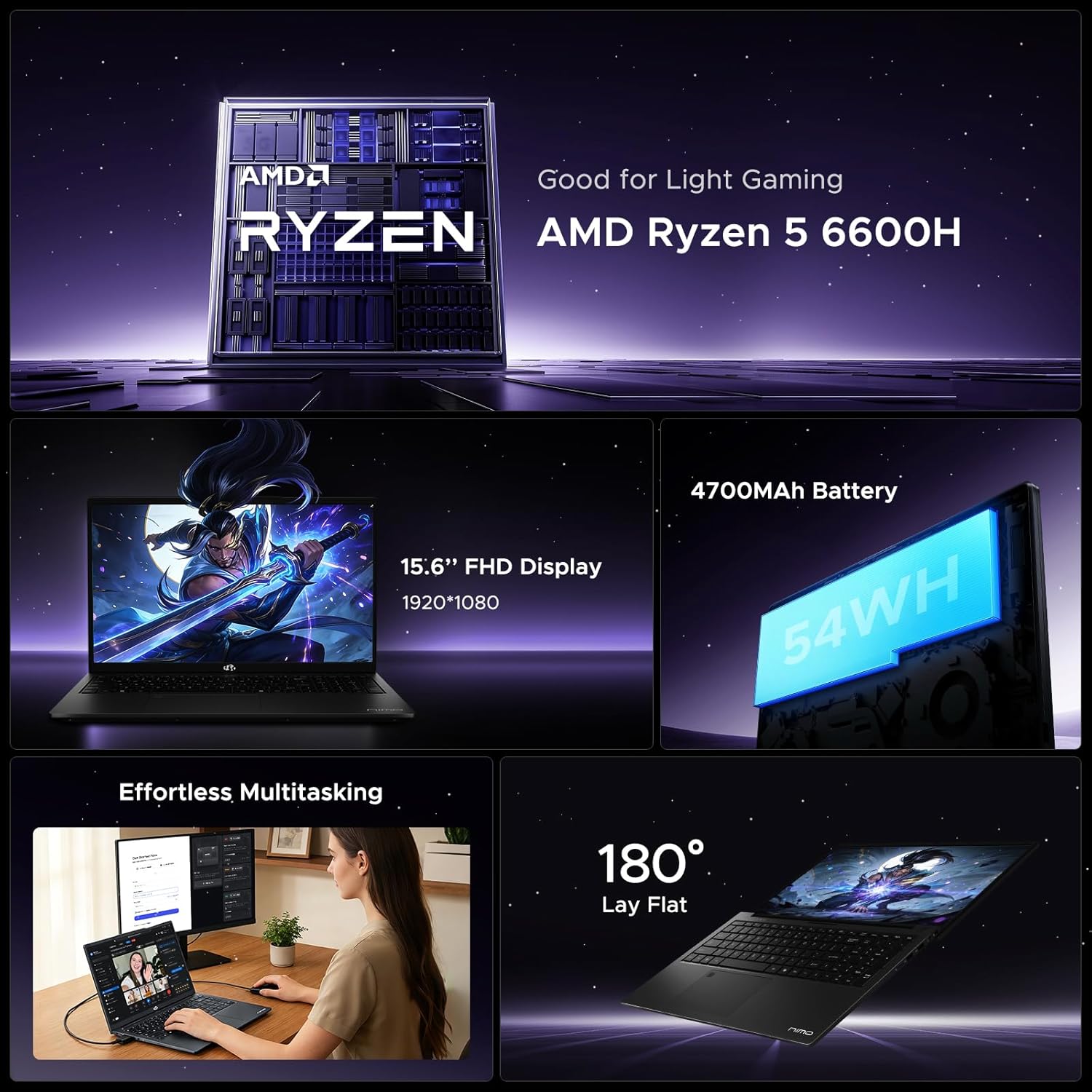NIMO 15.6" IPS FHD-Light Gaming-Laptop,AMD Ryzen 5 6600H 16GB DDR5 RAM 256GB SSD (Beat i5-1335U, 6 Cores Up to 4.5GHz) AMD Radeon 660M GPU-Computer with 100W Type-C Backlit Keyboard Fingerprint - Image 3