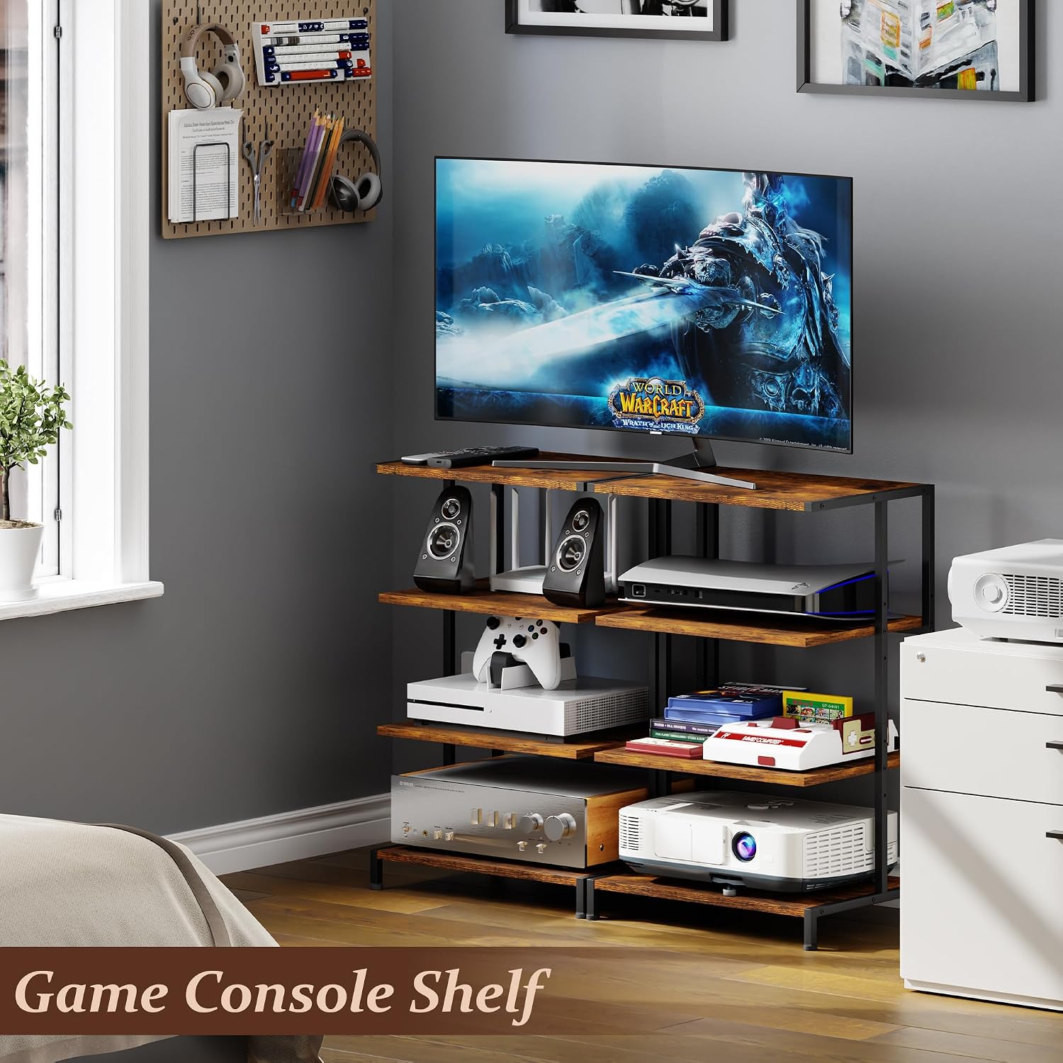 X-cosrack AV Media Stand with Power Strips,4-Tier Stereo Cabinet Audio Rack,Game Console Shelf with Adjustable Shelves,Small Entertainment Center with Larger Tabletop for PS5 Xbox TV Box DVD Players - Image 7