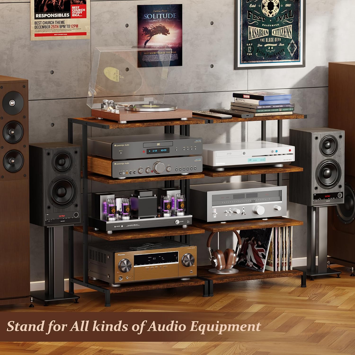 X-cosrack AV Media Stand with Power Strips,4-Tier Stereo Cabinet Audio Rack,Game Console Shelf with Adjustable Shelves,Small Entertainment Center with Larger Tabletop for PS5 Xbox TV Box DVD Players - Image 6