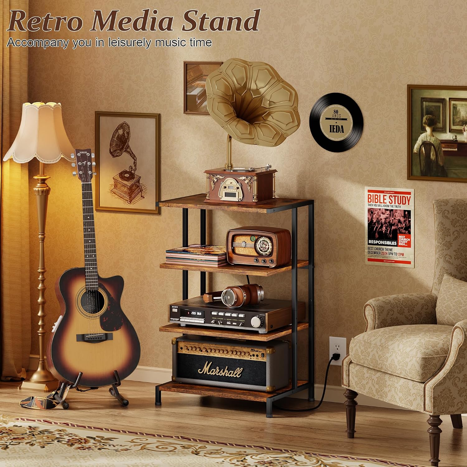 X-cosrack AV Media Stand with Power Strips,4-Tier Stereo Cabinet Audio Rack,Game Console Shelf with Adjustable Shelves,Small Entertainment Center with Larger Tabletop for PS5 Xbox TV Box DVD Players - Image 4