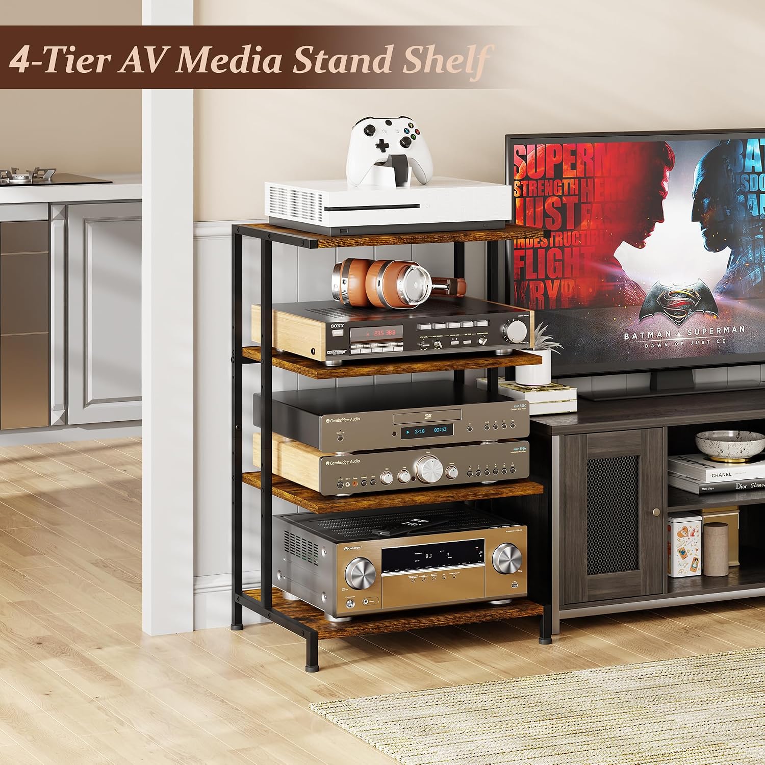 X-cosrack AV Media Stand with Power Strips,4-Tier Stereo Cabinet Audio Rack,Game Console Shelf with Adjustable Shelves,Small Entertainment Center with Larger Tabletop for PS5 Xbox TV Box DVD Players - Image 9