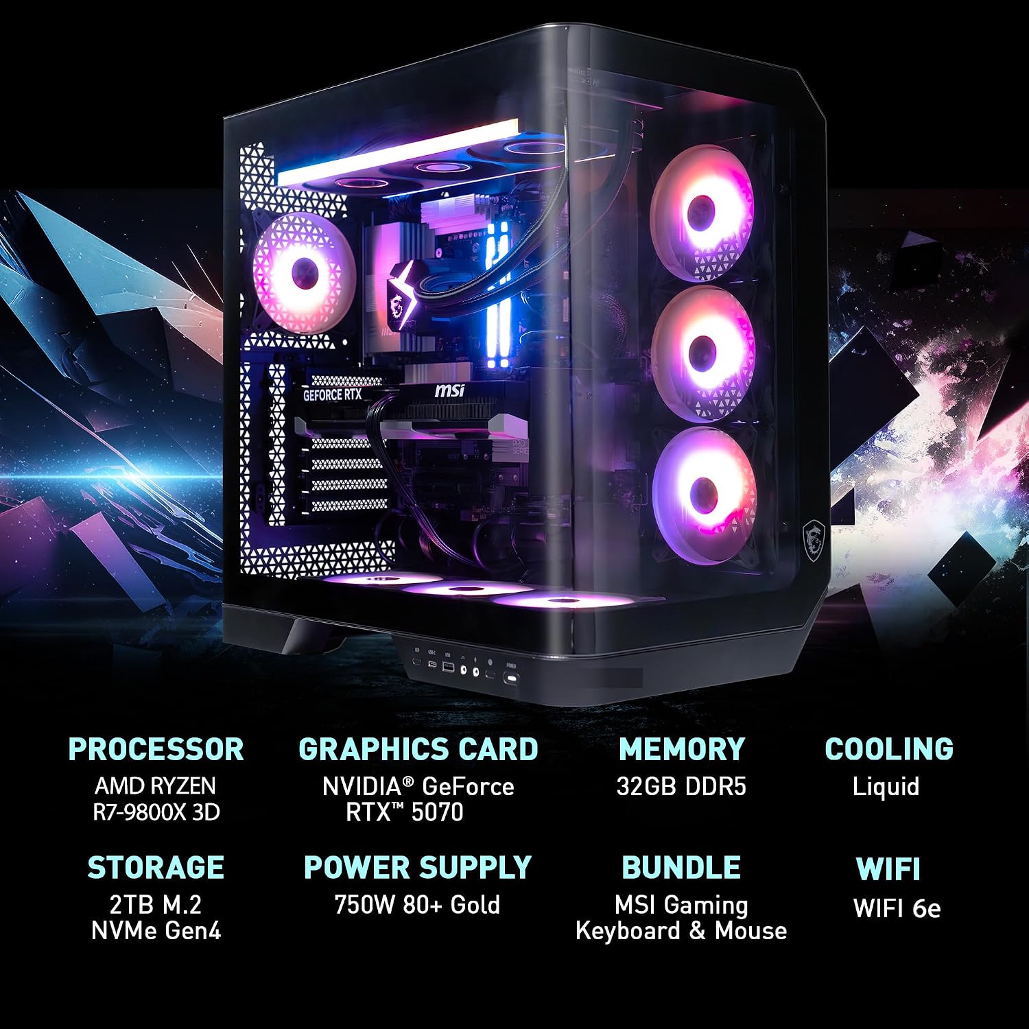 msi Vision ZS Gaming Desktop, Ryzen 7 9800X3D, RTX 5070, 32GB DDR5, 2TB SSD - Image 2