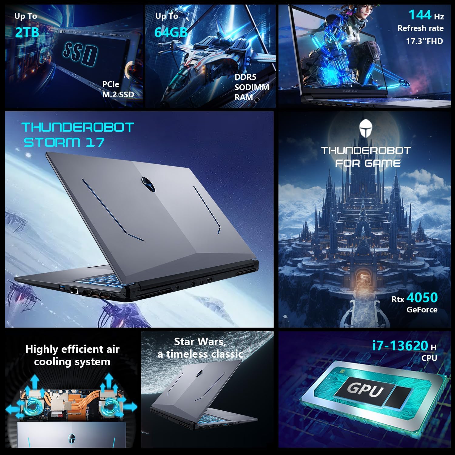 Thunderobot Storm 17 Gaming Laptop, 17.3" FHD 144Hz Display, Core i7-13620H, GeForce RTX 4050, 32GB DDR5 RAM, 1TB SSD, RGB Backlit Keyboard, HDMI, Wi-Fi, Win 11 Home - Image 3