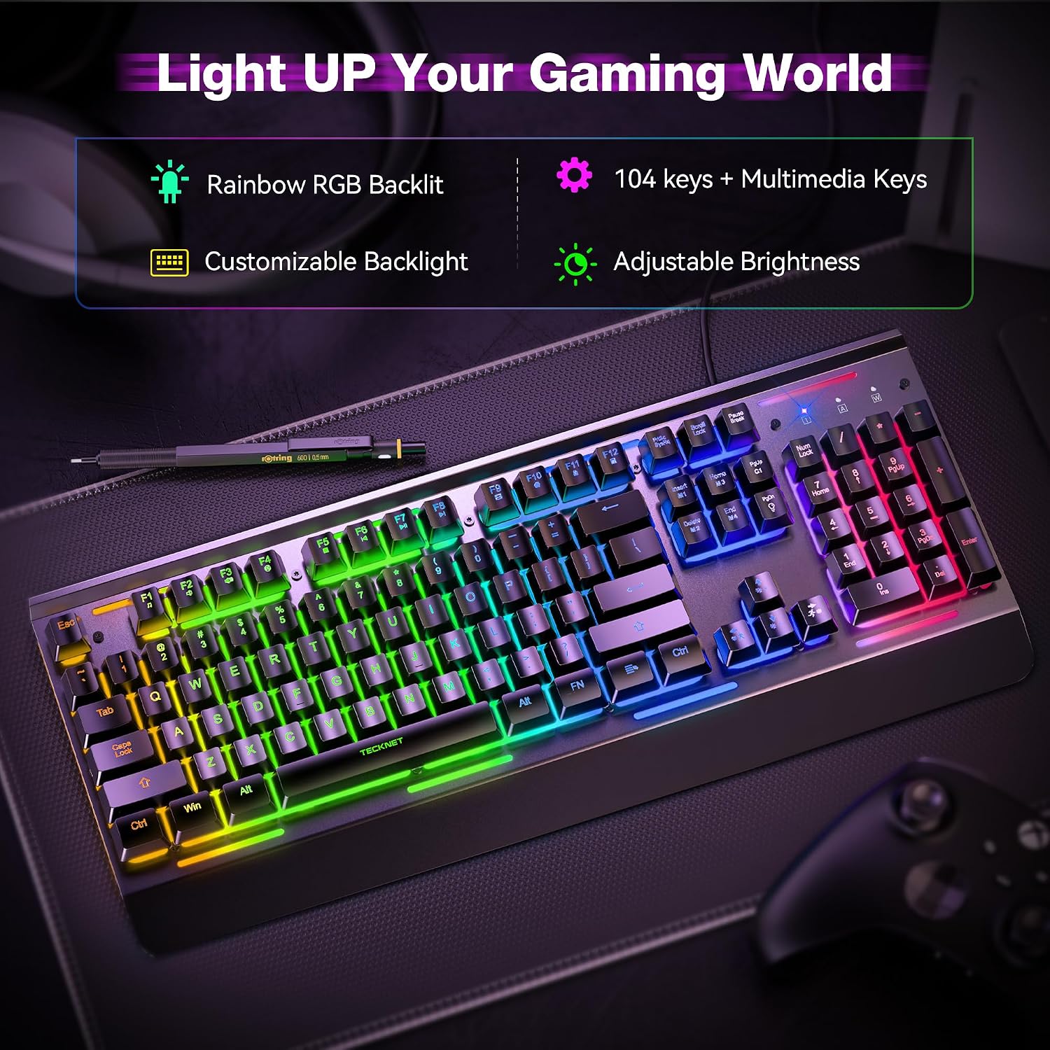 TECKNET Wired Gaming Keyboard, RGB Backlit Keyboard with Metal Panel Design - Image 3