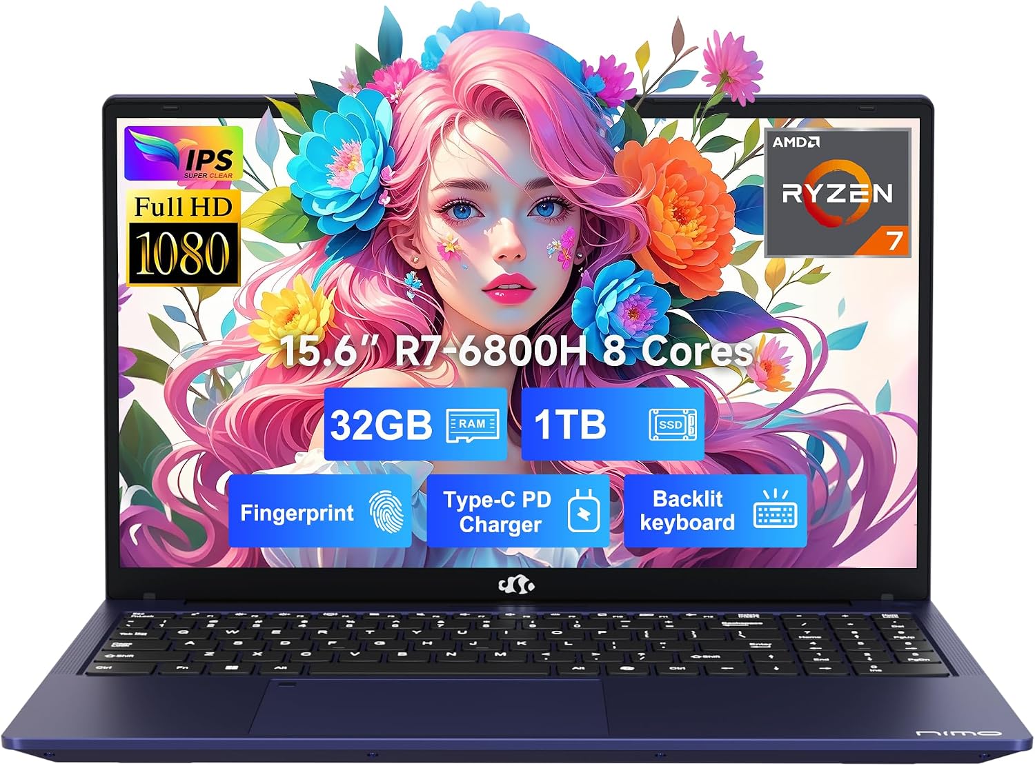 NIMO 15.6" IPS FHD-Gaming-Laptop, 8 Cores AMD Ryzen 7 6800H 32GB DDR5 RAM 1TB SSD (Beat Intel i7-12700H, Up to 4.7GHz) AMD Radeon 680M GPU-Computer with 100W Type-C Backlit Keyboard