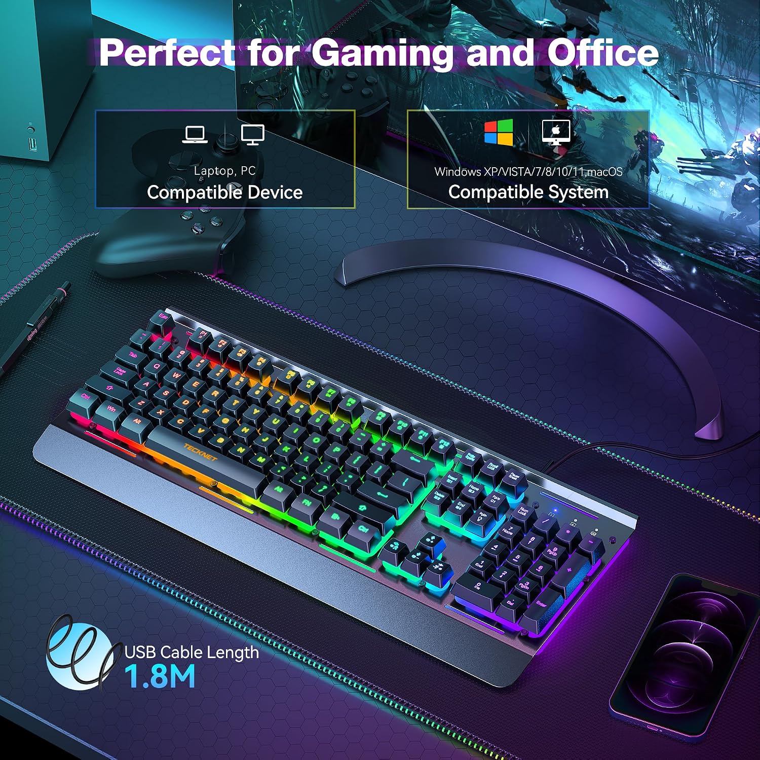 TECKNET Wired Gaming Keyboard, RGB Backlit Keyboard with Metal Panel Design - Image 5