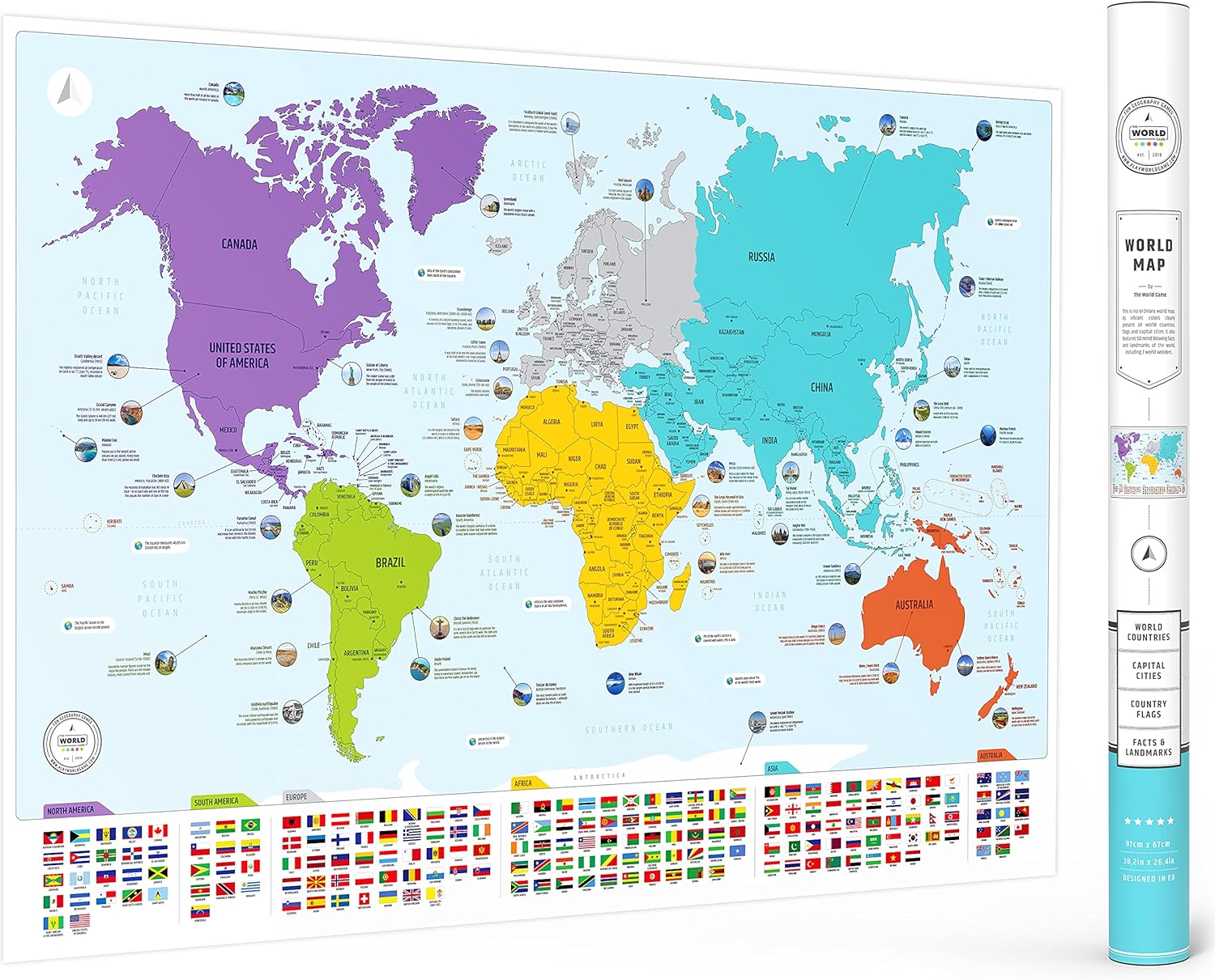 Large World Map for Wall – Poster with Flags & Capitals – Educational World Map for Kids & Adults – Colorful Global Maps with 50 Interesting Facts – Classroom & Homeschool Decor