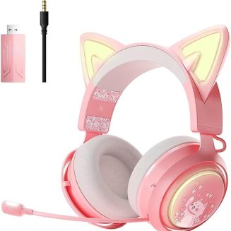 SOMIC Cat Ear Headphones, 2.4G/Bluetooth Wireless Gaming Headset for PS5, PS4, PC with RGB Lights and Retractable Mic, 10Hrs Playtime, 7.1 Surround Sound for Laptop, Smartphone-GS510 Pro – Pink