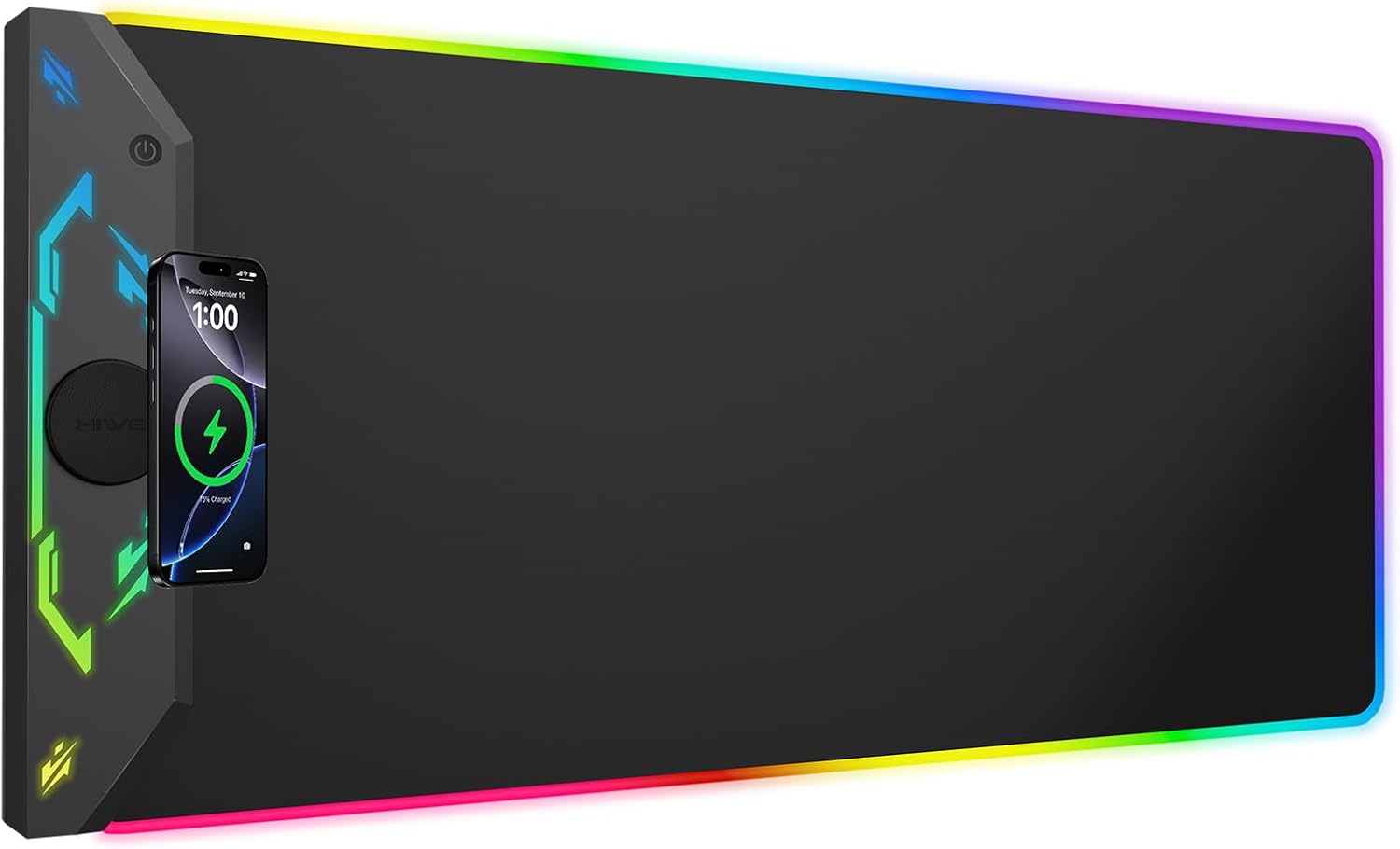 Gaming Mouse Pad RGB, 35″x15.8″ Large Keyboard Desk Mat with Magnetic Wireless Charging for iPhone, 24 Light Effects, Non-Slip Base, Waterproof Ultra-Smooth Surface, with Adapter, Black