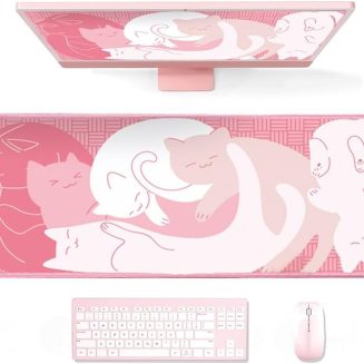 Gaming Mouse Pad XL Extended Anime Mouse Pad 31.5×11.8 inch, Large Cute Kawaii Big Computer Mouse Mat Desk Pad with Non-Slip Rubber Base and Stitched Edge for Home Office-Pink Cat