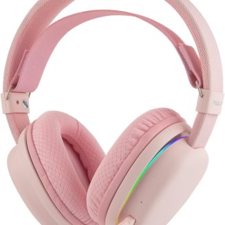 MechLands Aula G7 Wireless Gaming Headset for PS4/PS5/PC/Switch, Over-Ear Headphones with Detachable Noise Canceling Mic, RGB, Surround Sound, 60H Battery, 2.4GHz/BT/Wired (Pink)