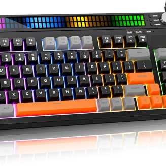 SABLUTE Quiet Gaming Keyboard, Wired 94-Key RGB Sound-Sync Light Bar, USB-A