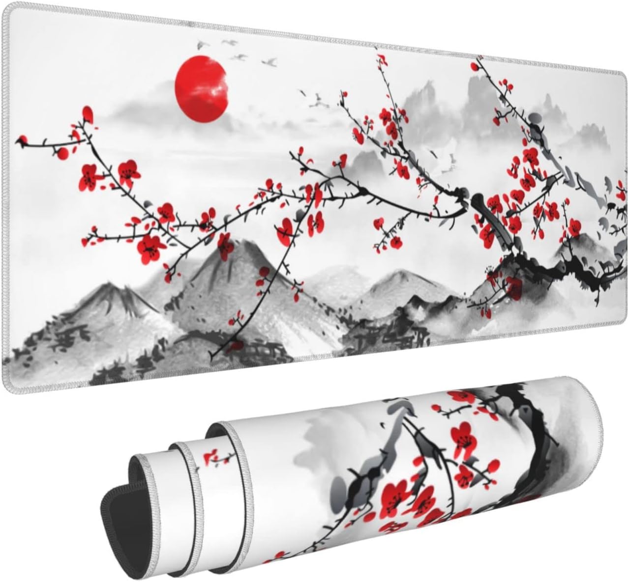 Watercolor Cherry Blossom Mouse Pad 31.5×11.8 Inch Pink Full Desk Japanese Sakura Mousepad Extended Large Non-Slip Rubber Base Waterproof Big Keyboard Mat with Stitched Edges for Gaming and Office