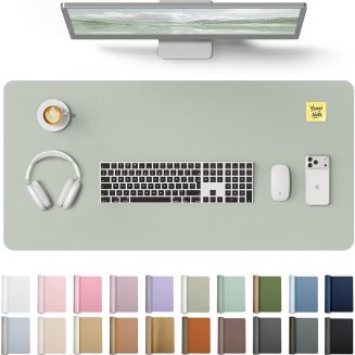 YSAGi Leather Desk Protector, Office Mat, Large Mouse Mat, Non-Slip PU Leather Blotter, Laptop Pad, Waterproof Writing Pad for Office and Home (Grayish Green, 31.5″ x 15.8″)