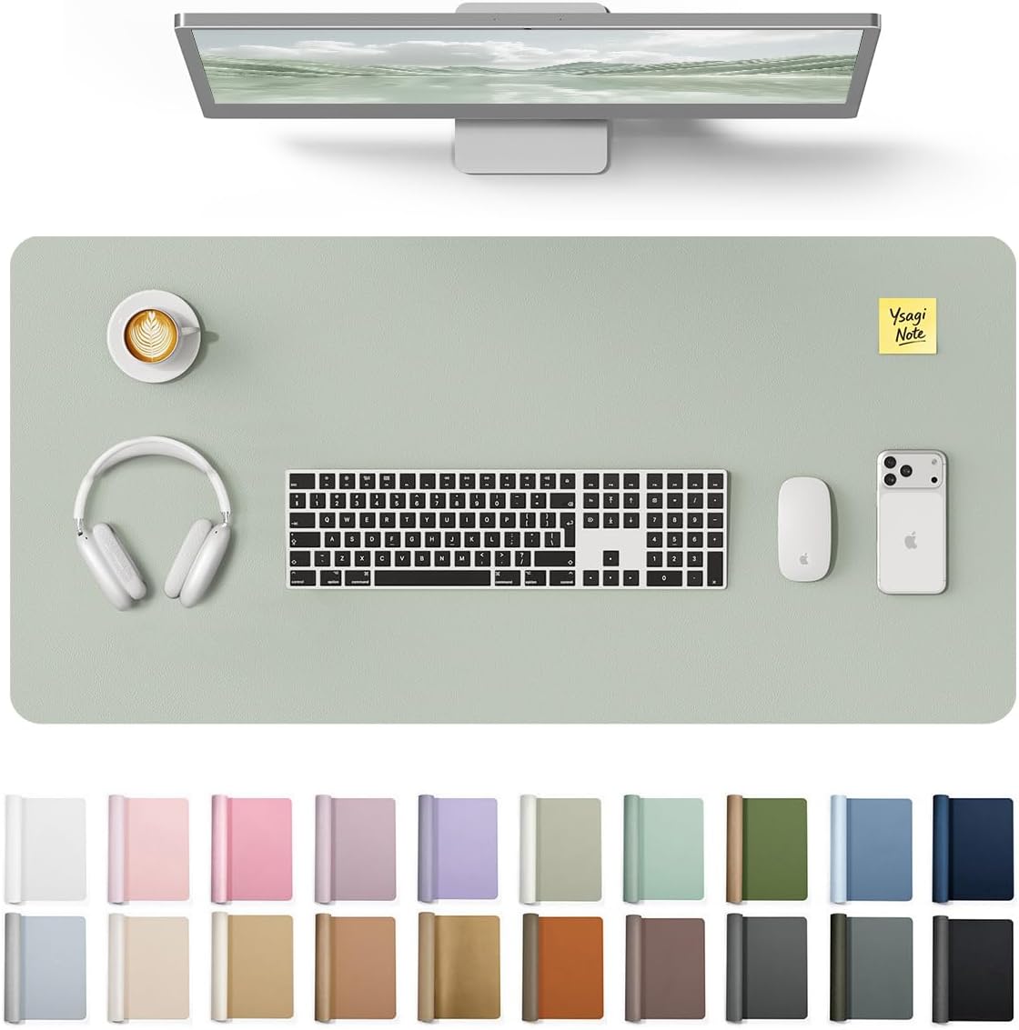 YSAGi Leather Desk Protector, Office Mat, Large Mouse Mat, Non-Slip PU Leather Blotter, Laptop Pad, Waterproof Writing Pad for Office and Home (Grayish Green, 31.5″ x 15.8″)