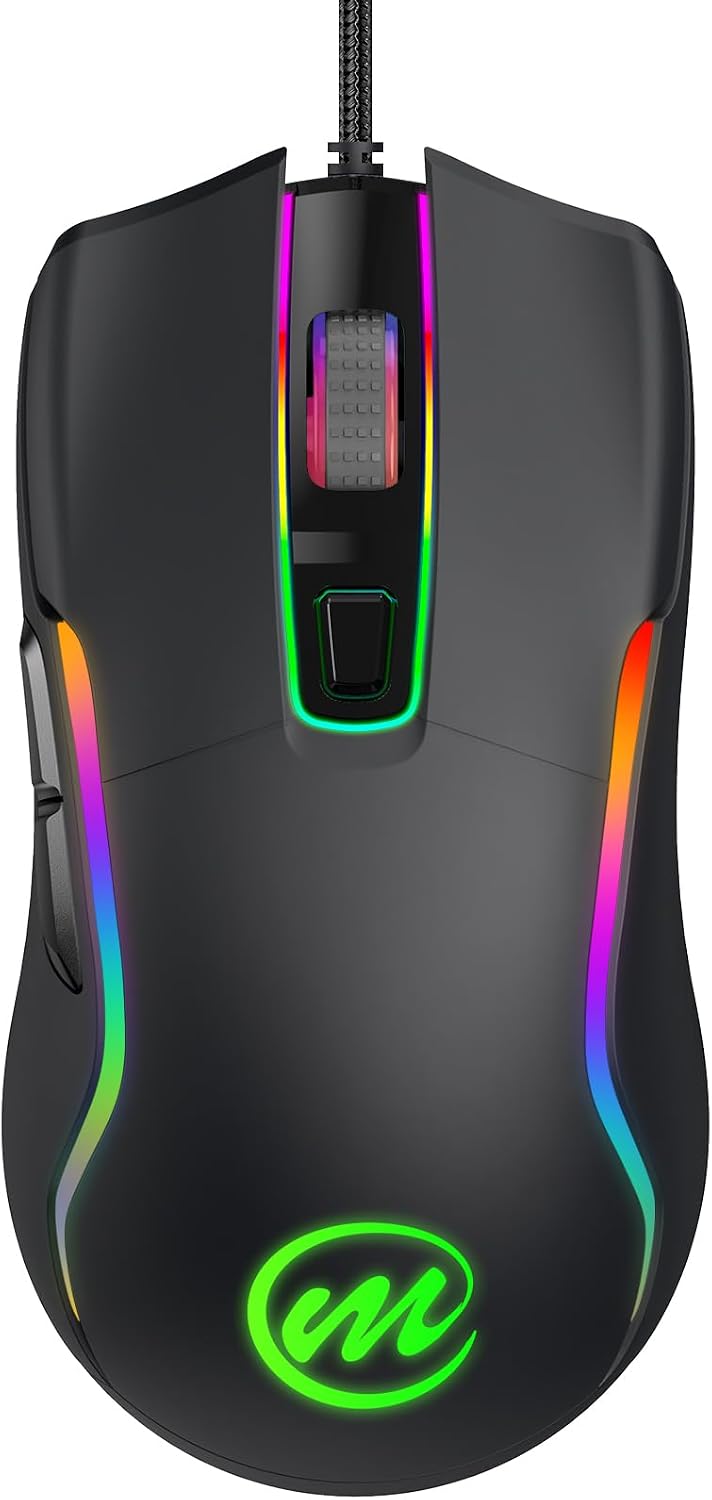 memzuoix Wired Gaming Mouse with RGB – 6 Adjustable DPI up to 12800, 6 Buttons, 12 Lighting Modes, Ergonomic Design with Anti-Slip Rubber Wheel, 5.6ft Braided Cable for PC/Mac/Windows – Black