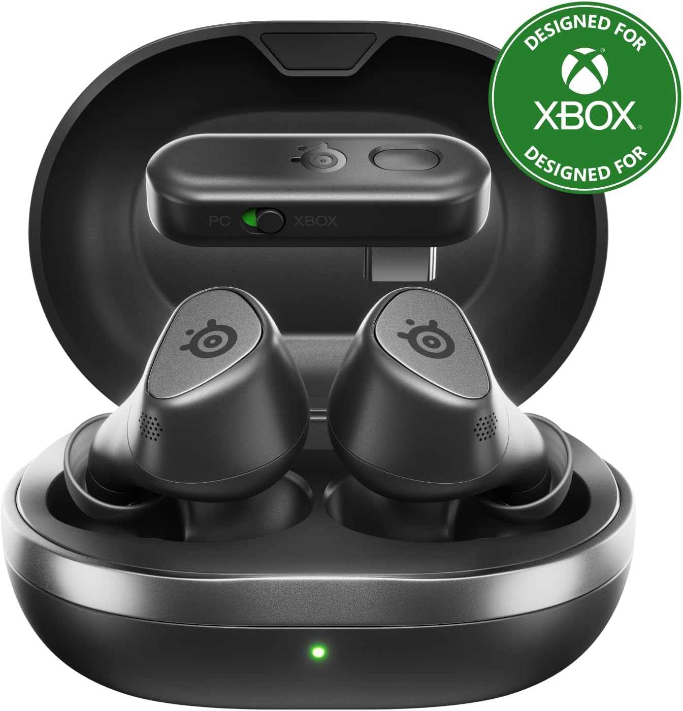 SteelSeries Arctis GameBuds for Xbox/PC/PS5/Switch/Mobile — Quick-Switch 2.4GHz+Bluetooth 5.3 — Active Noise Cancelling — Mobile App — Water Resistant IP55 — 40H Battery with Qi Charging Case – Black