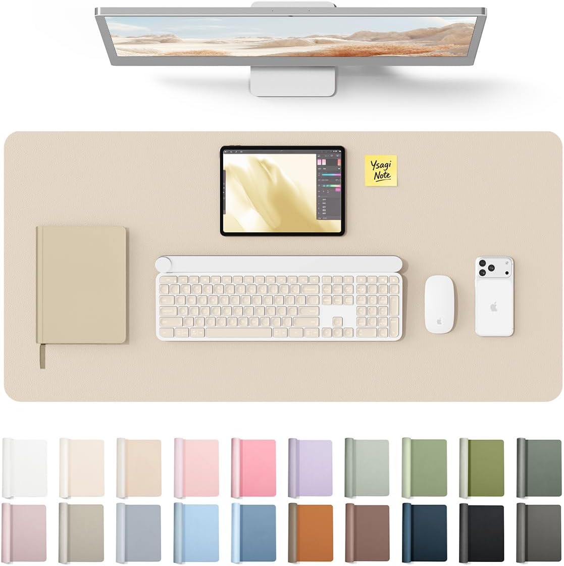 YSAGi Leather Desk Pad Protector, Large Mouse Pad, Non-Slip PU Leather Desk Blotter, Waterproof Writing Pad for Office and Home (31.5″ x 15.8″, Eggshell)