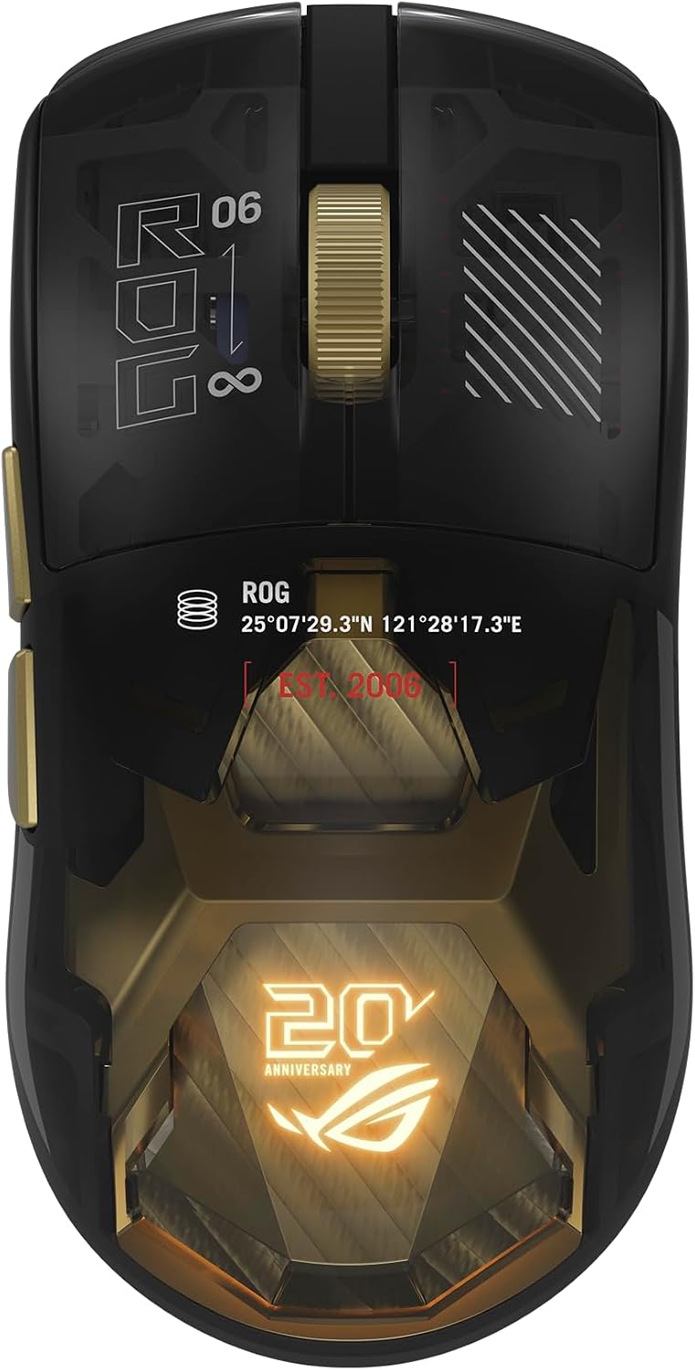 ASUS ROG 20th Edition Harpe II Extreme – Wireless Esports Gaming Mouse – 82g Lightweight, Tri-Mode Connectivity, 65K DPI, 8K Hz Polling, 24K Gold-Plated, Web Config – Gold/Black ASUS ROG 20th Edition Harpe II Extreme – Wireless Esports Gaming Mouse – 82g Lightweight, Tri-Mode Connectivity, 65K DPI, 8K Hz Polling, 24K Gold-Plated, Web Config – Gold/Black
