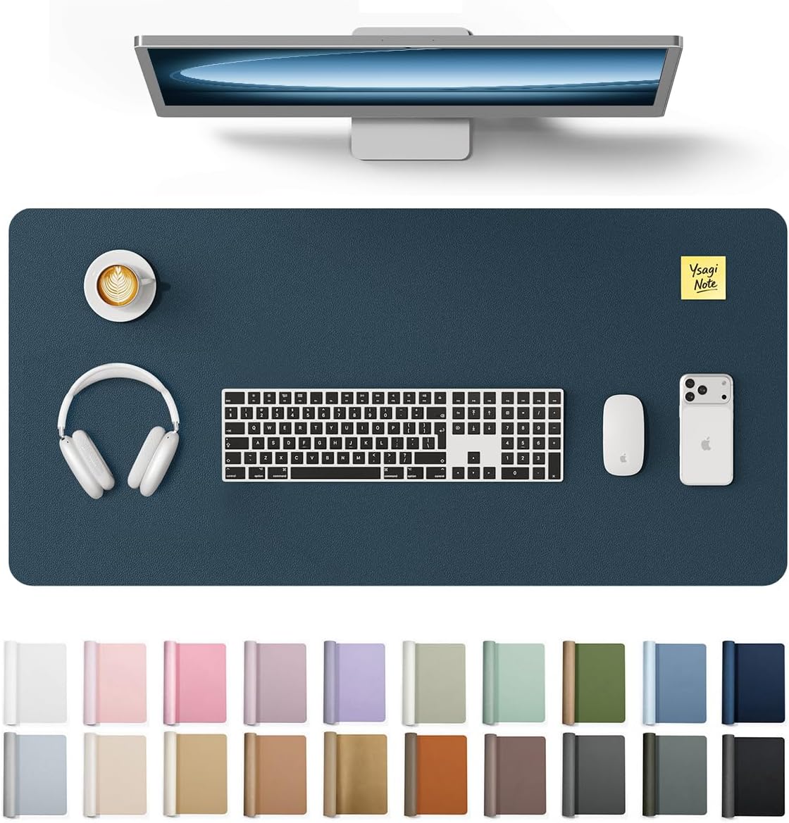 YSAGi Leather Desk Protector, Office Mat, Large Mouse Mat, Non-Slip PU Leather Blotter, Laptop Pad, Waterproof Writing Pad for Office and Home (Dark Blue, 31.5″ x 15.8″)