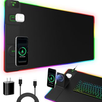 XXL RGB LED Gaming Mouse Pad with Magnetic Wireless Charger & Foldable Phone Holder, 31.5″x15.8″ Extended Ultra-Smooth Desk Mat, 25 Lighting Effects, Non-Slip Base, Includes 20W PD Adapter