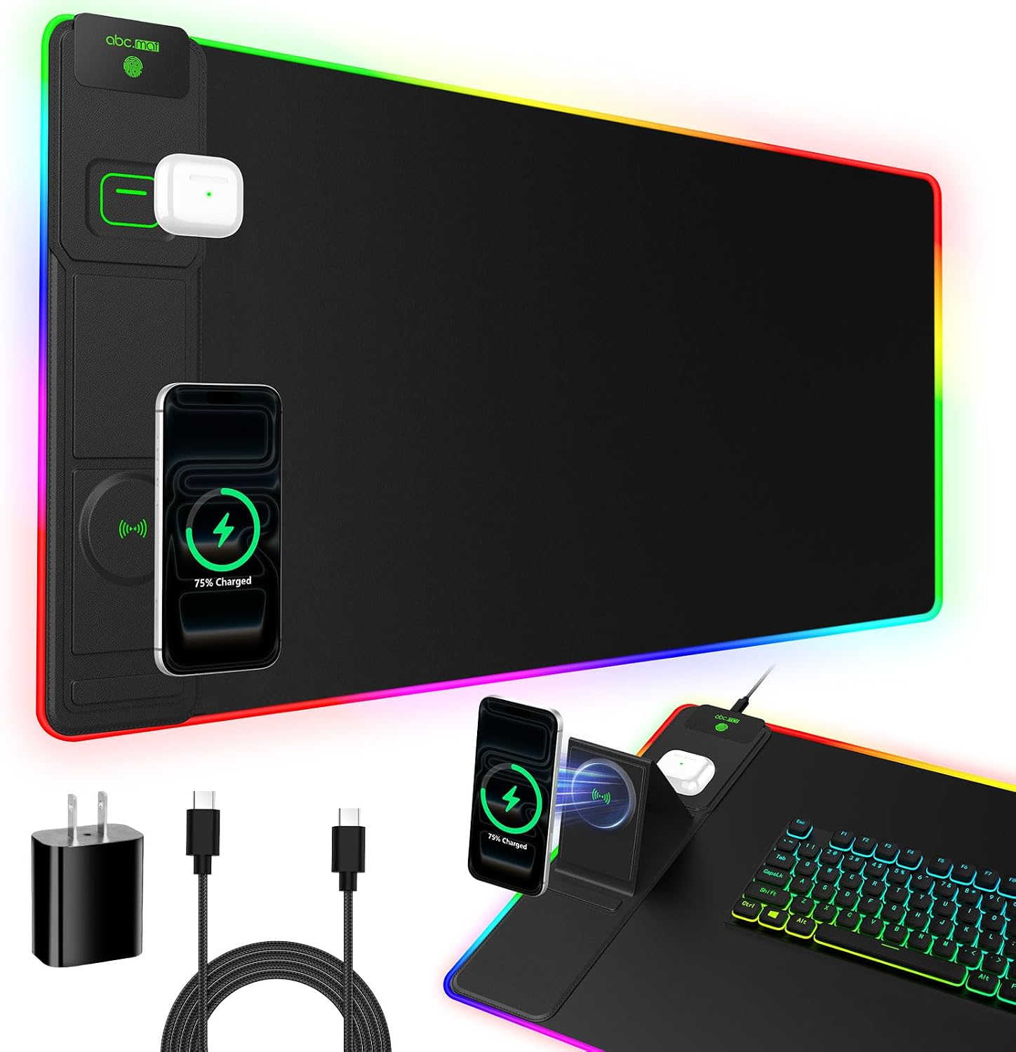 XXL RGB LED Gaming Mouse Pad with Magnetic Wireless Charger & Foldable Phone Holder, 31.5″x15.8″ Extended Ultra-Smooth Desk Mat, 25 Lighting Effects, Non-Slip Base, Includes 20W PD Adapter