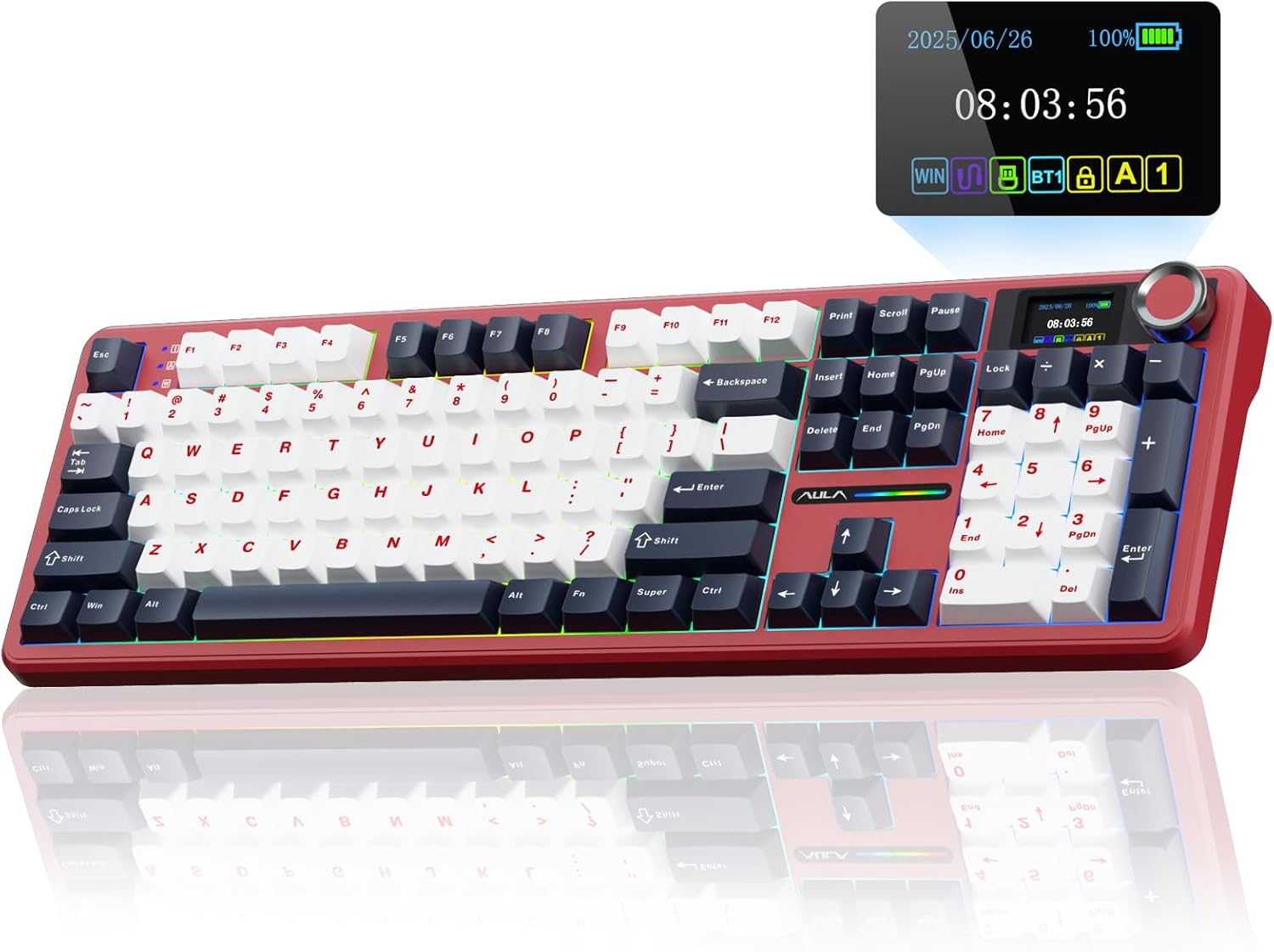 AULA F108 PRO – Wireless Mechanical Keyboard with Screen&Knob,Hot Swappable Gaming Keyboard with 8000mAh Battery,Pre-lubed Switches,RGB Backlit,PBT Keycaps Creamy Sounding Computer Keyboards,104 Keys