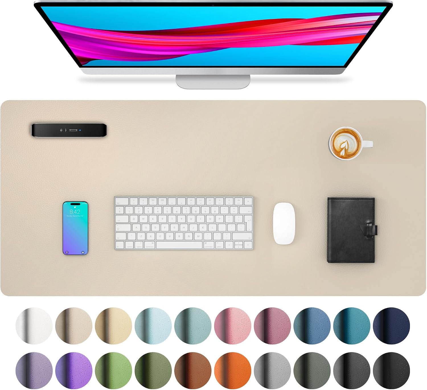 Aothia Non-Slip PU Leather Waterproof Laptop Desk Pad Protector, Blotter Mat, Writing and Mouse Pad for Office & Home, Beige, 23.6″ x 13.7″