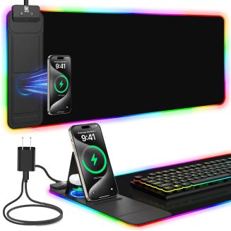 Mouse Pad with Foldable Phone Holder & Wireless Charger, XL RGB Gaming Mousepad 31.5″x11.8″ Large Desk Mat for Keyboard, Home Desk Pad with Dual Qi Charging Station | 11 Colors & 5 Modes | Waterproof
