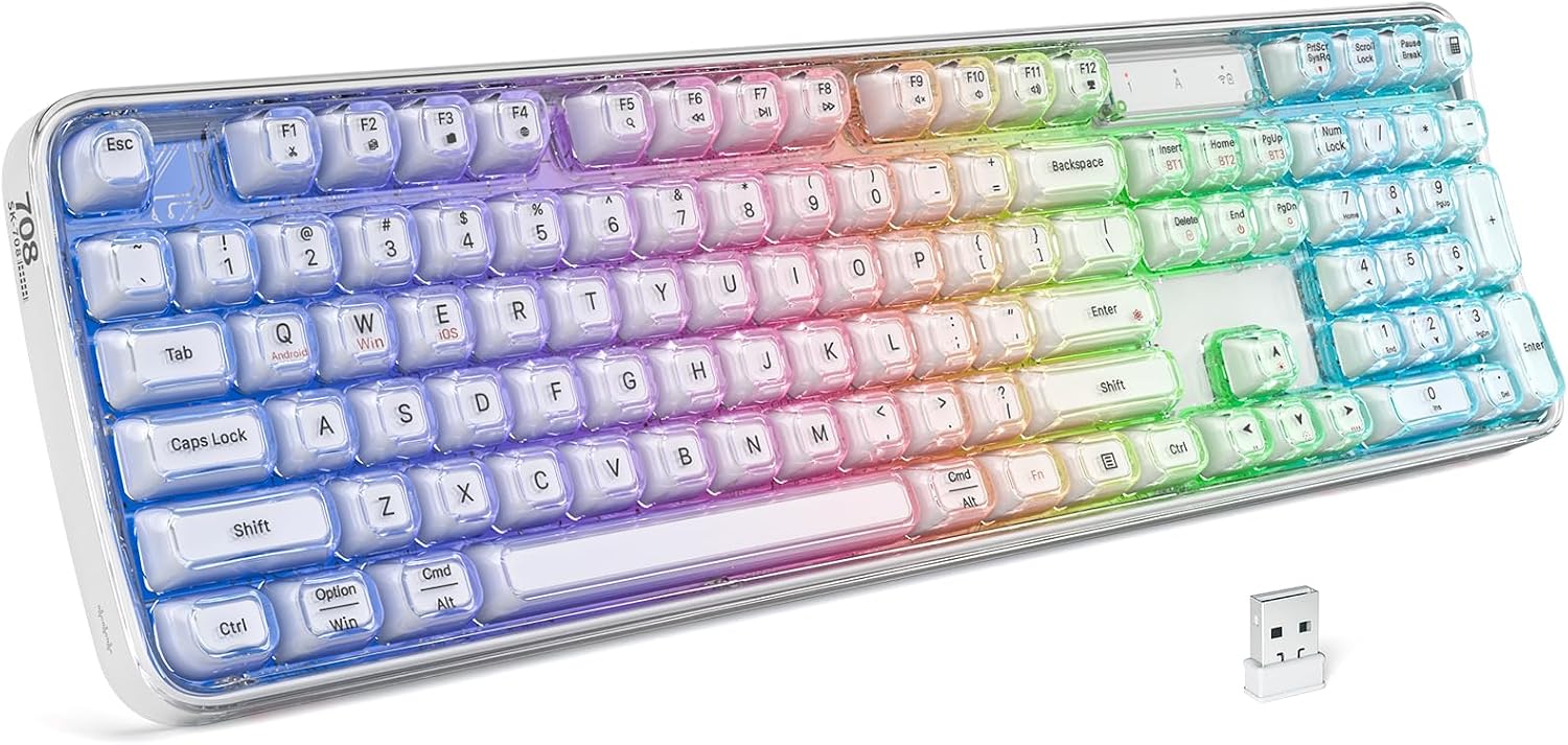 GEEZER Computer Backlit Keyboard White Crystal – Full-Size Bluetooth Wireless Rechargeable Transparent Keycap Portable Keyboards Compatible with Windows, Laptop, PC, Desktop GEEZER Computer Backlit Keyboard White Crystal – Full-Size Bluetooth Wireless Rechargeable Transparent Keycap Portable Keyboards Compatible with Windows, Laptop, PC, Desktop