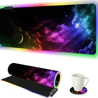 AIMSA Large RGB Gaming Mouse Pad, Keyboard Mousepad Led Extended 35.4 x 15.8 inch Non-Slip Rubber Base with 14 Lighting Modes, Big Desk Mat Waterproof, Nebula Universe
