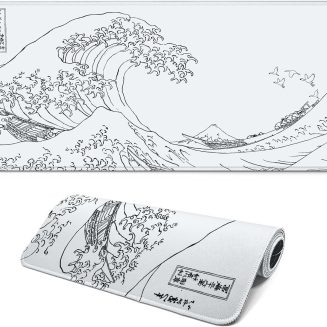Gaming Mouse Pad, Large 31.5 x 11.8 inches Mousepad, Long Keyboard Pad, Cute Mouse Mat for Computer with Stitched Edges and Non-Slip Base (Japanese Grey White Wave)