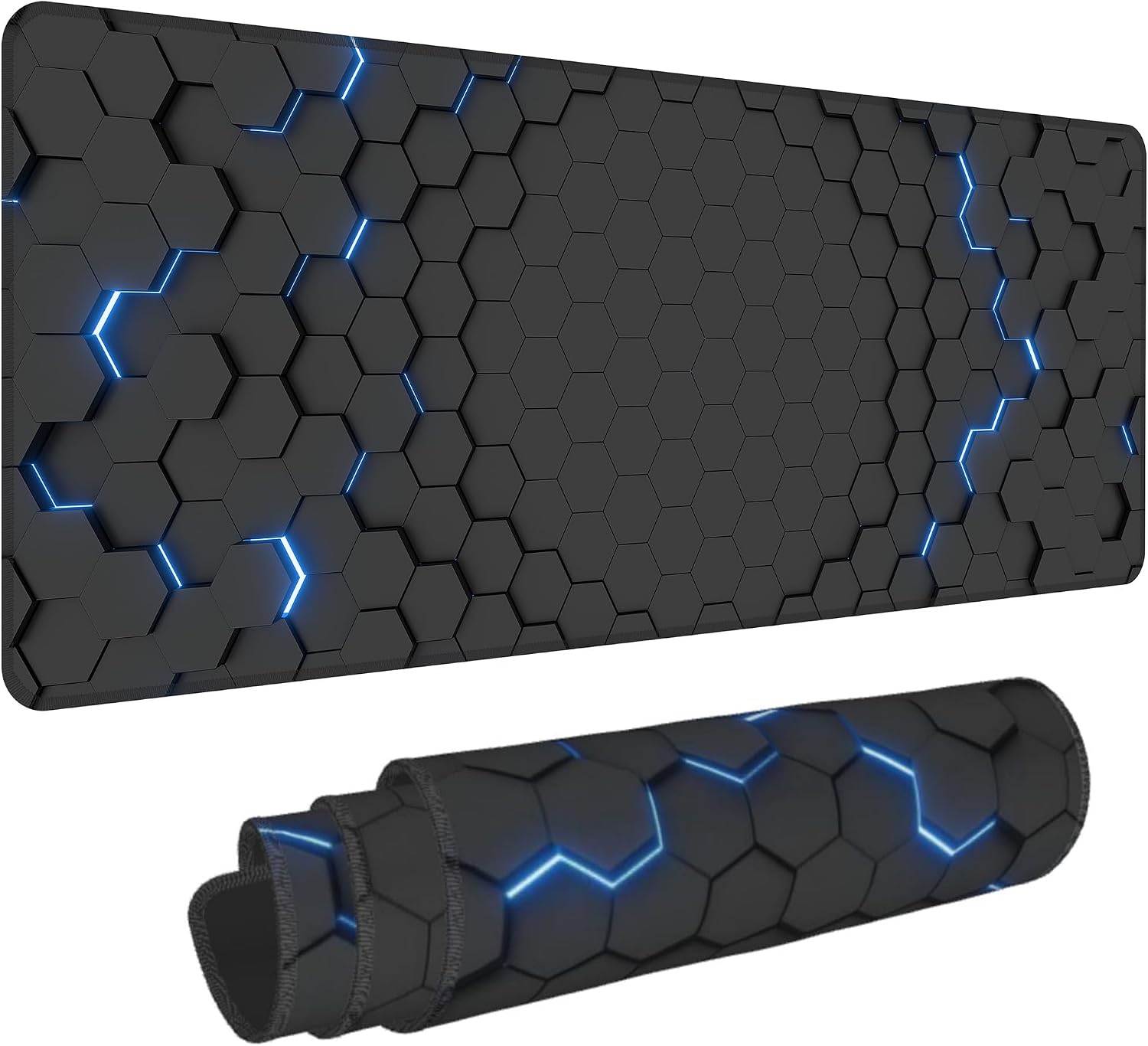 Blue Honeycomb Mouse Pad,XL 31.5″x11.8″ Big Gaming Mousepad,Geometric Hexagon Large Extended Mouse Mat,Non-Slip Rubber Base Waterproof with Stitched Edges for Gaming Office Home