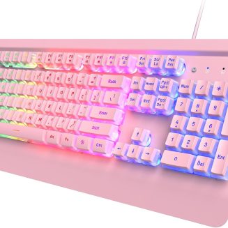 Pink Creamy Keyboard Gaming, 104 Keys All-Metal, USB Wired, Backlit Silent
