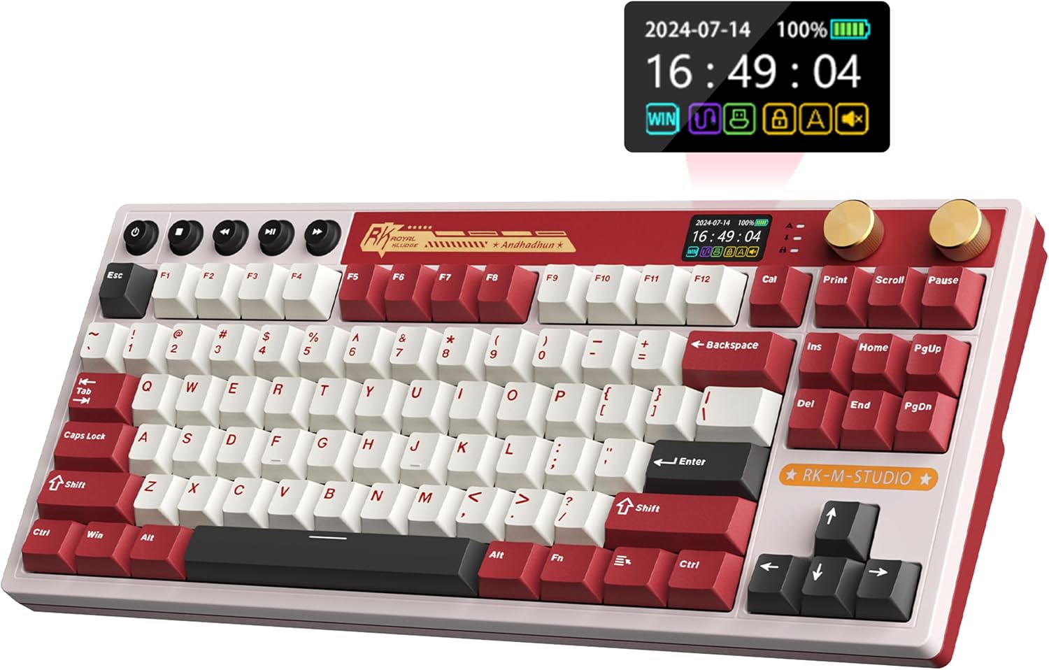 RK ROYAL KLUDGE M87 Wireless Gaming Keyboard with Screen & Dual Knobs, Red RK ROYAL KLUDGE M87 Wireless Gaming Keyboard with Screen & Dual Knobs, Red