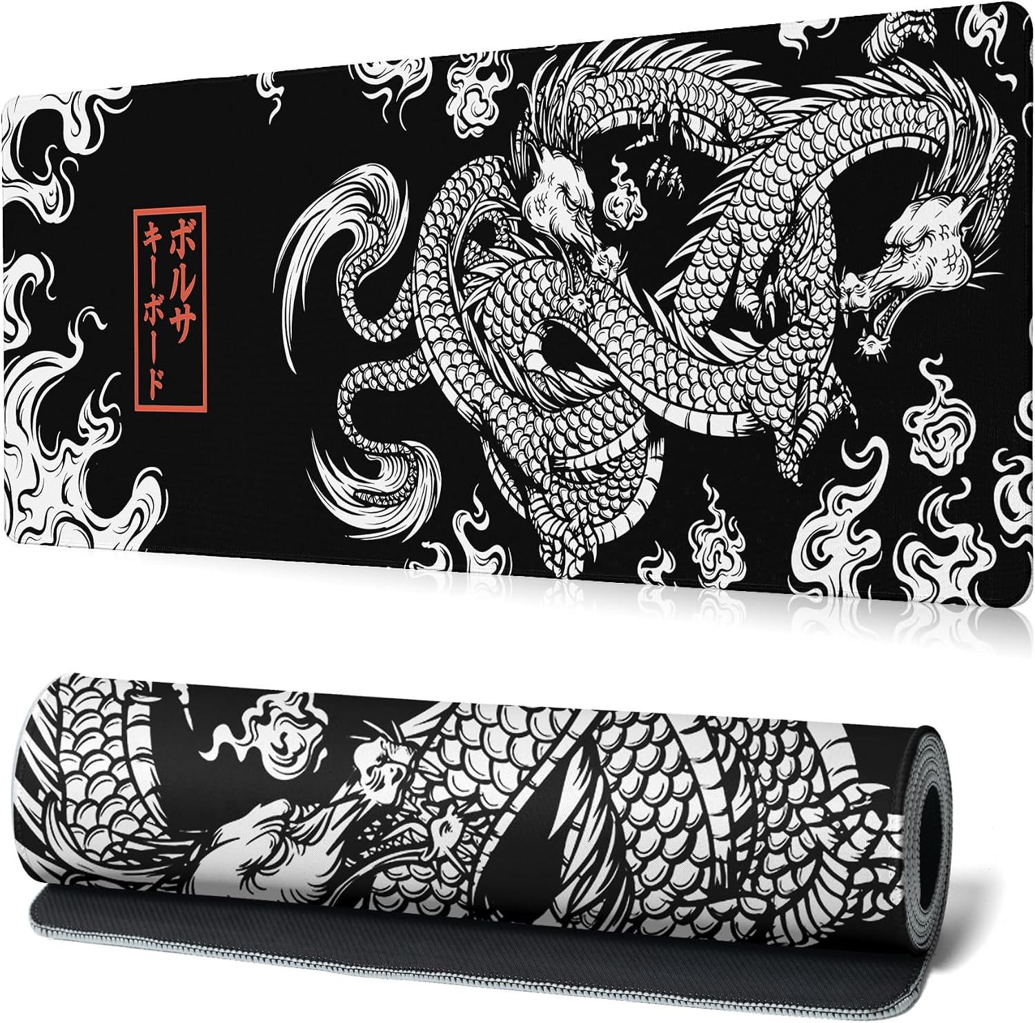 Black and White Mouse Pad Extra Large Gaming Mousepad Dragon Desk Mats Japanese Full Keyboard Mat Computer Pad Desk Mat with Stitched Edges Non-Slip Desktop 31.5 x11.8 in